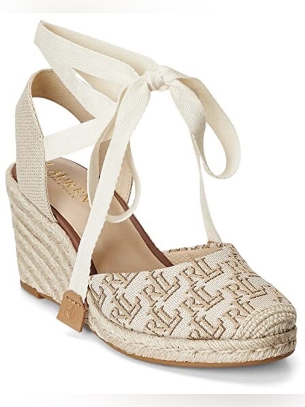 RALPH LAUREN sz10 Cream and Tan RL Logo Espadrille Wedge Sandals with Ankle Ties